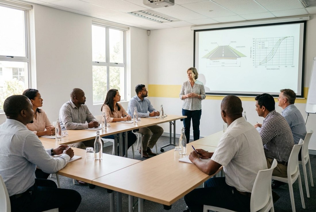 Delegates in a bright training room watching an instructor present a road-materials course session