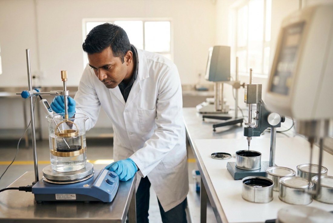 A technician observing a ring-and-ball softening point test on bitumen samples in a binder testing laboratory