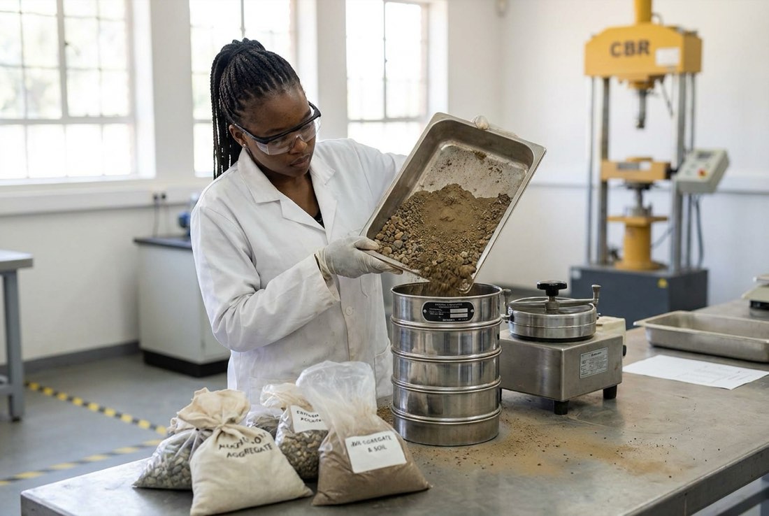 A technician pouring a soil and gravel sample into a stack of test sieves in a materials testing laboratory